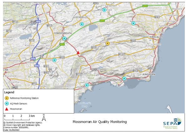 Map of Fife showing the position of SEPA's air quality analysers. There is a written list on this page that explains where these are.