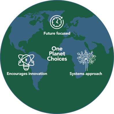 Image of world highlighting one planet choices principles (future focused, encourages innovation and systems approach)